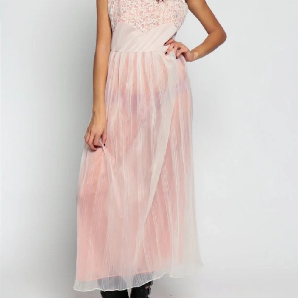 Pink Lingerie SHEER Nightgown 70s Lace Slip Dress Maxi PLEATED Vintage Medium